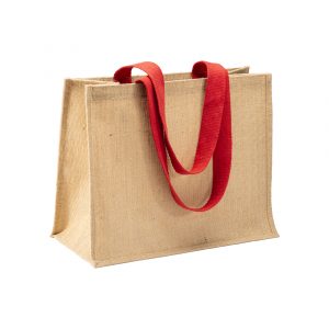 Mini tote bag en toile de jute rouge et beige personnalisé