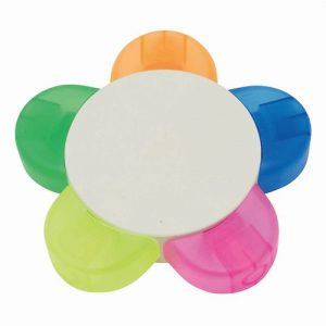 surligneurs en forme de fleure jaune vert orange bleu rose publicitaire