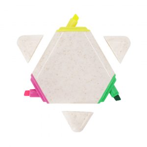 Surligneur en forme de triangle jaune rose et vert publicitaire